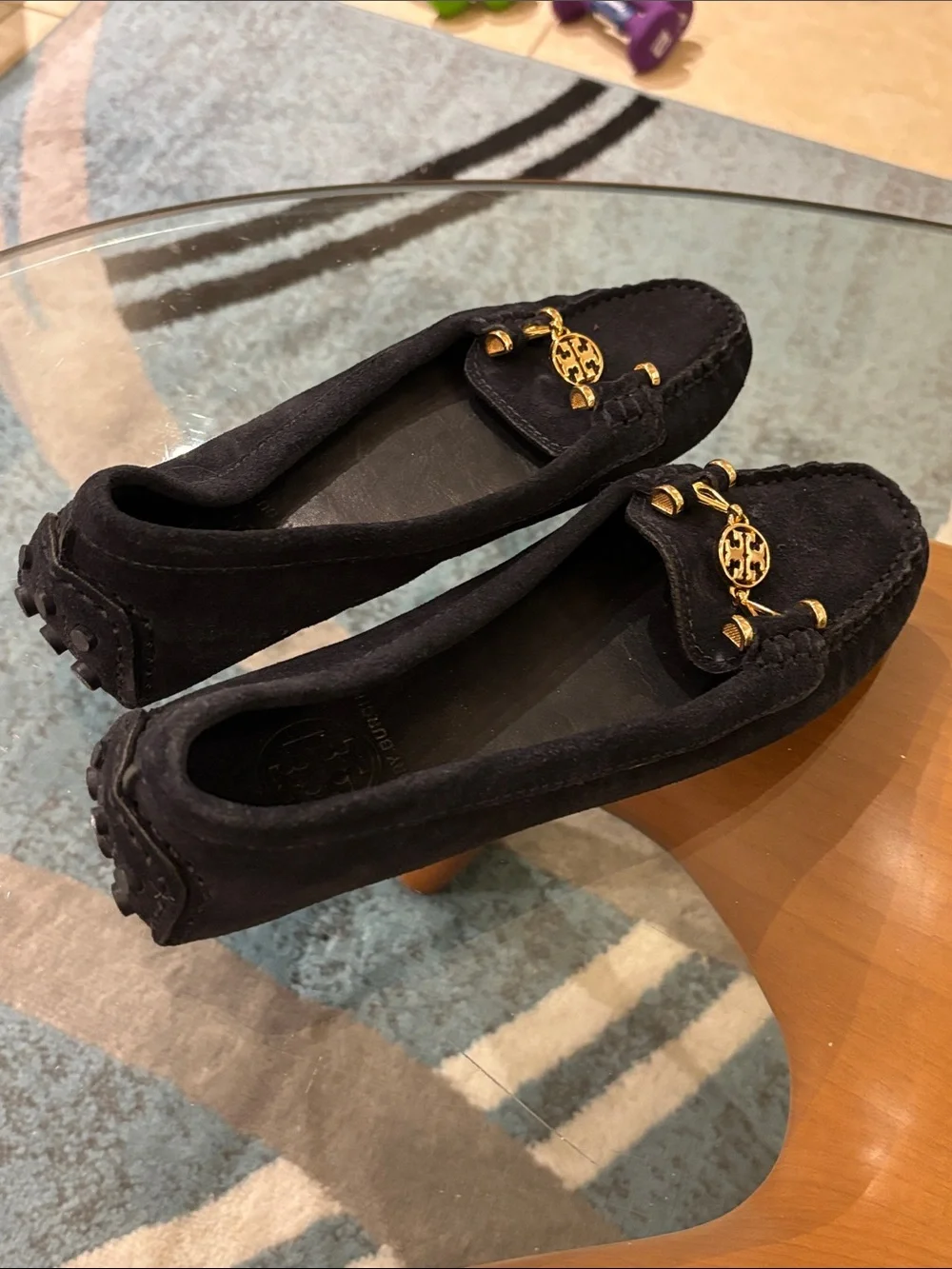 Tory Burch Daria Navy Suede Driving Loafers with Gold Logo